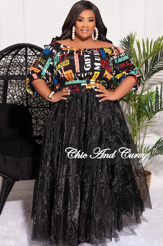 Final Sale Plus Size Off the Shoulder Top in Black Multi Color Pop Art Print (Top Only)