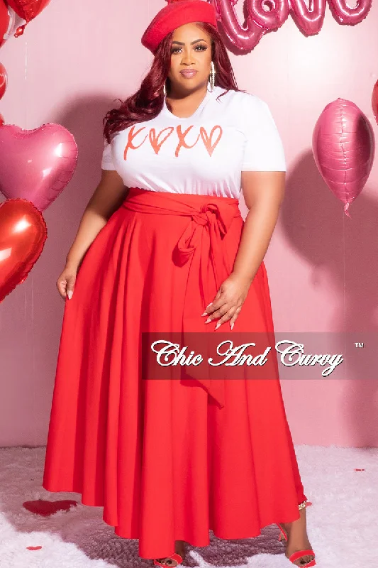 Final Sale Plus Size Long Maxi Skirt with Waist Tie in Red