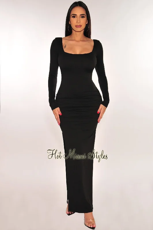 Black Long Sleeve Square Neck Ruched Double Slit Maxi Dress