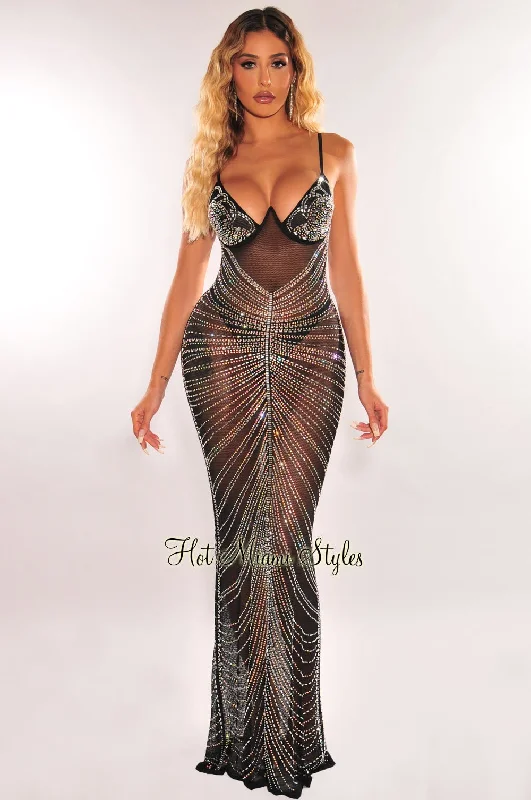 Black Mesh Rhinestone Underwire Mermaid Gown