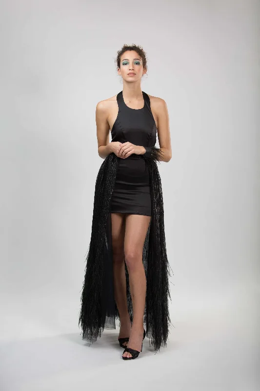 BLACK SATIN FEATHER DRESS