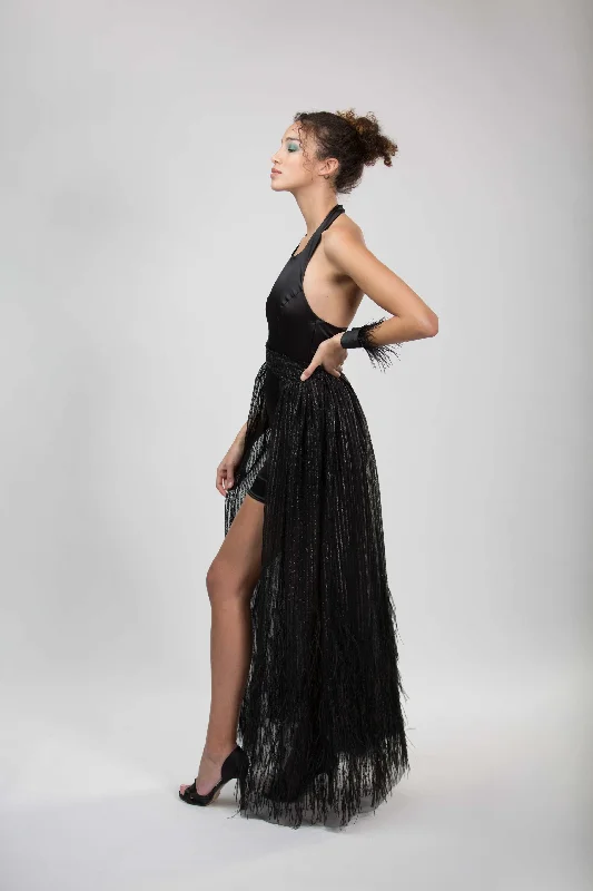 BLACK SATIN FEATHER DRESS