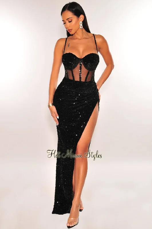 Black Sequins Mesh Spaghetti Strap Padded Bustier Slit Gown