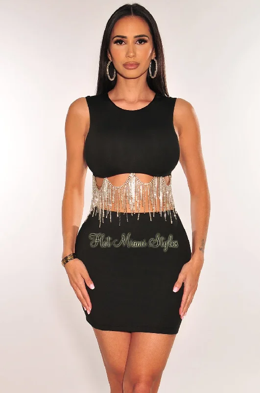 Black Sleeveless Rhinestone Fringe Mini Skirt Two Piece Set