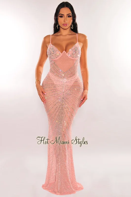 Blush Mesh Rhinestone Underwire Mermaid Gown