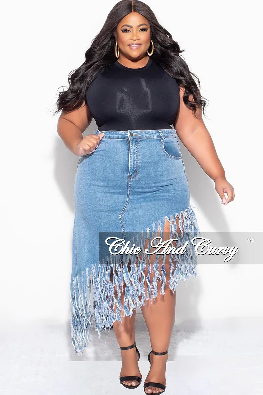 Final Sale Plus Size Fringe Asymmetric Skirt in Denim