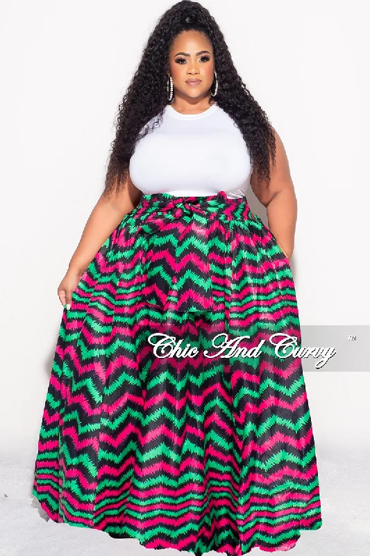 Final Sale Plus Size High Waist Maxi Skirt with Tie in Fuchsia Green and Navy Zig Zag Print