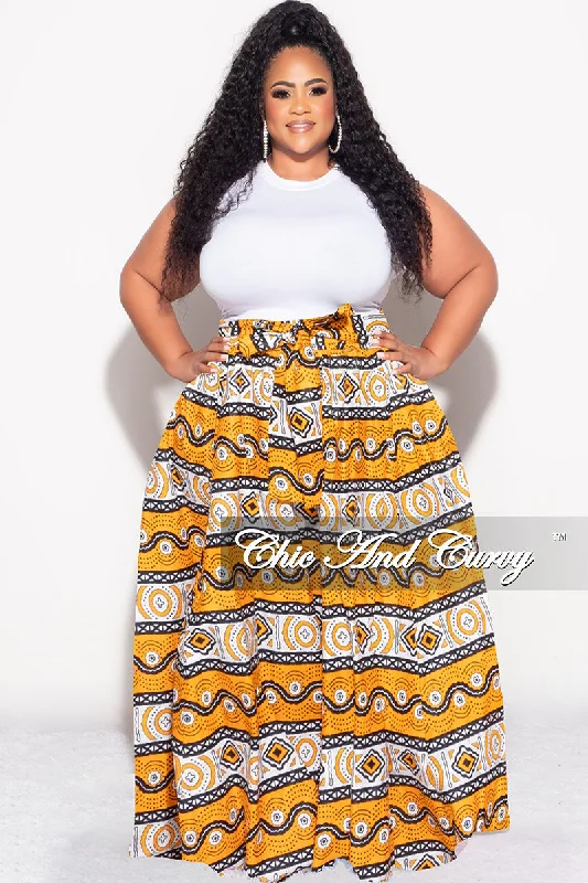 Final Sale Plus Size High Waist Maxi Skirt with Tie in Mustard Design Print