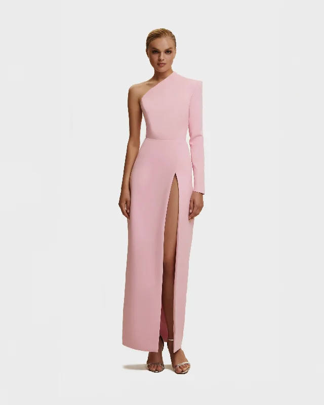 Pink Long-sleeved dress with sharp shoulder cut