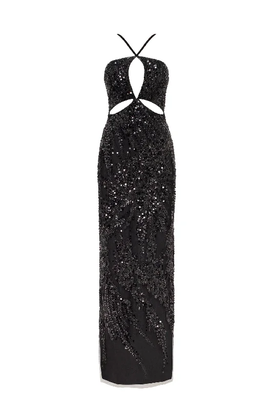 Cut-out halterneck black maxi covered in sequins, Smoky Quartz