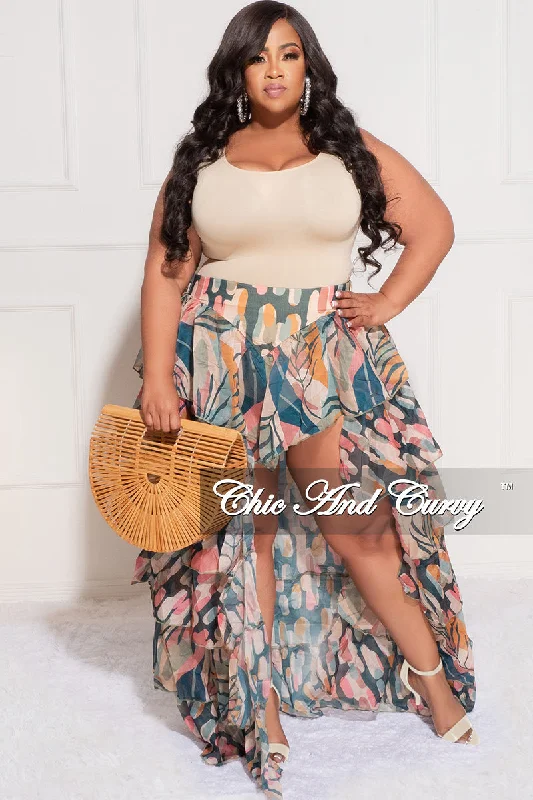 Final Sale Plus Size Chiffon High/Low Ruffle Tiered Skirt in Multi Color Design Print