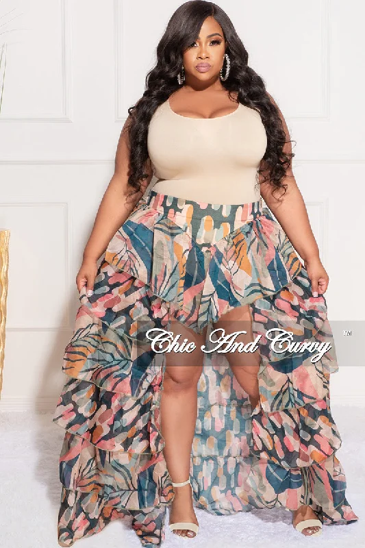 Final Sale Plus Size Chiffon High/Low Ruffle Tiered Skirt in Multi Color Design Print