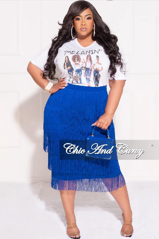 Final Sale Plus Size High Waist Fringe Tiered Midi Pencil Skirt in Royal Blue