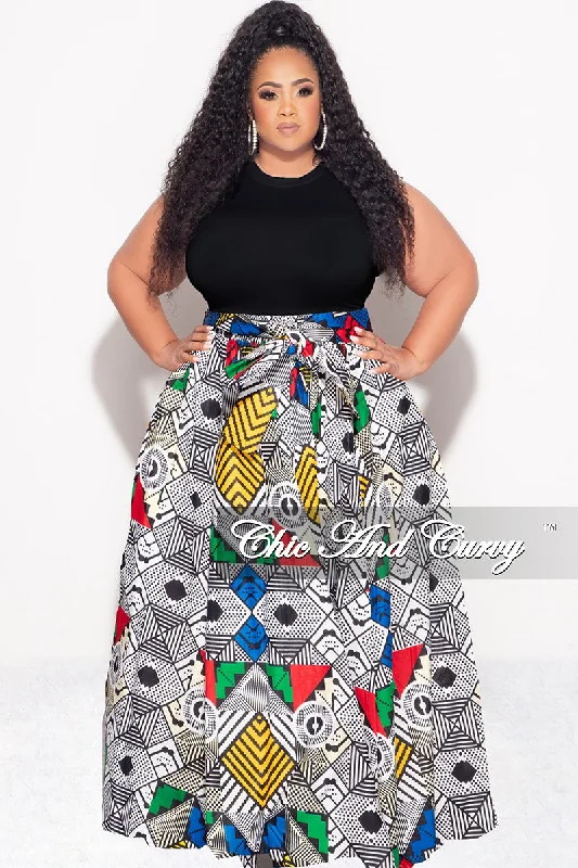 Final Sale Plus Size High Waist Maxi Skirt with Tie in White Black Red Green and Royal Blue Design Print