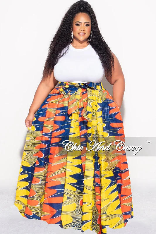 Final Sale Plus Size High Waist Maxi Skirt with Tie in Royal Blue Orang and Yellow Design Print