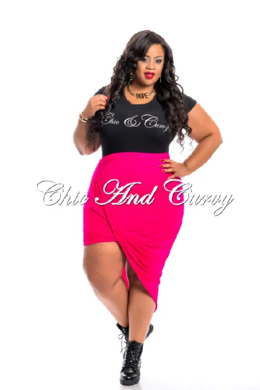 Final Sale Plus Size Skirt with Gather and Drop Effect in Hot Pink