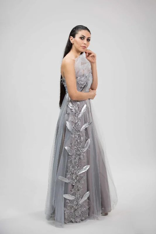 GREY TULLE LACE EVENING DRESS