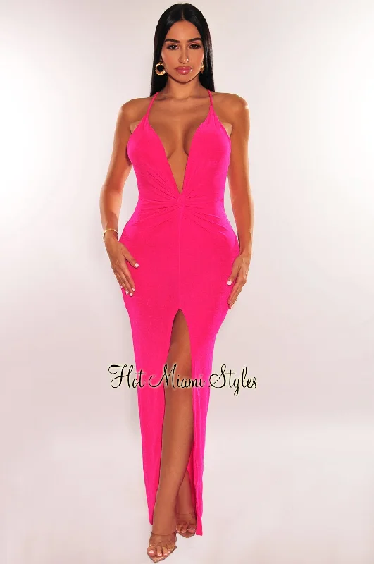 Hot Pink Plunge Knotted Criss Cross Back Slit Maxi Dress