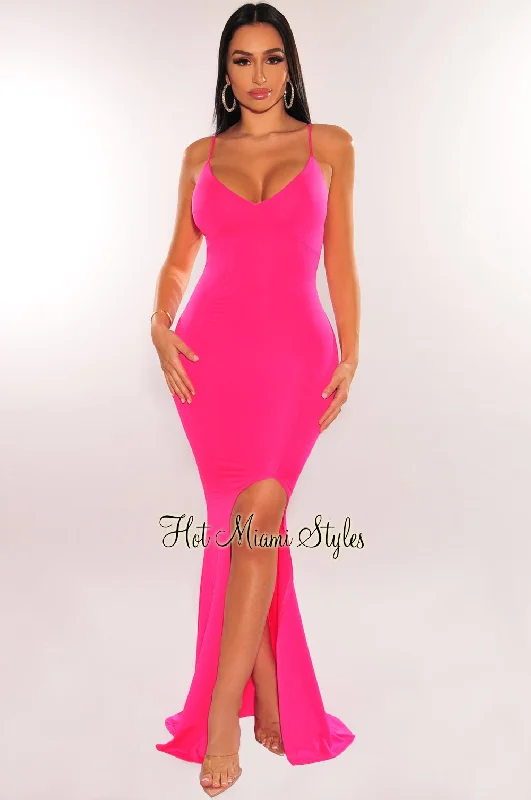 Hot Pink Spaghetti Straps V Neck Slit Gown