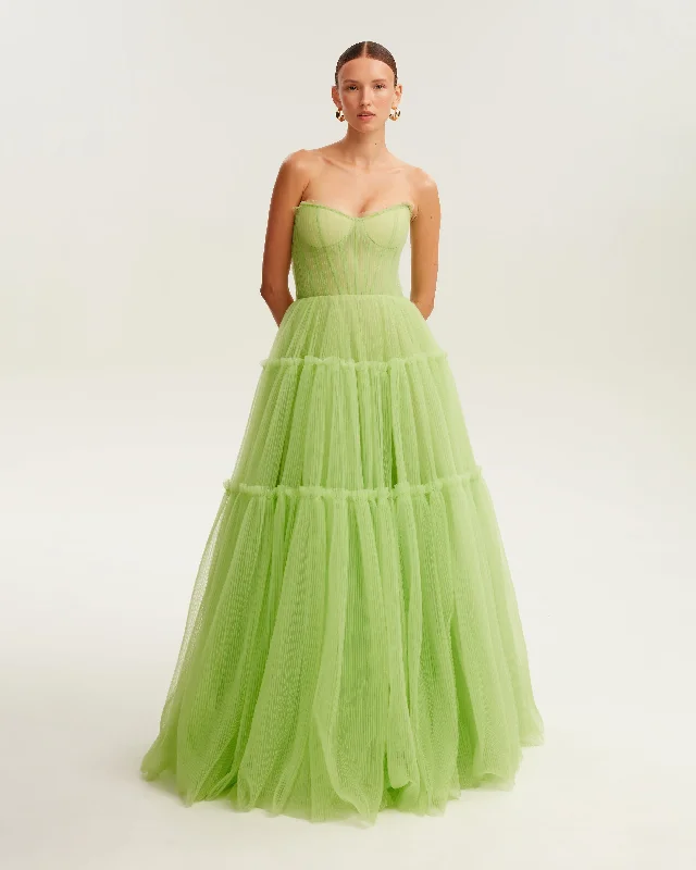 Light green tulle maxi dress with ruffled skirt, Garden of Eden