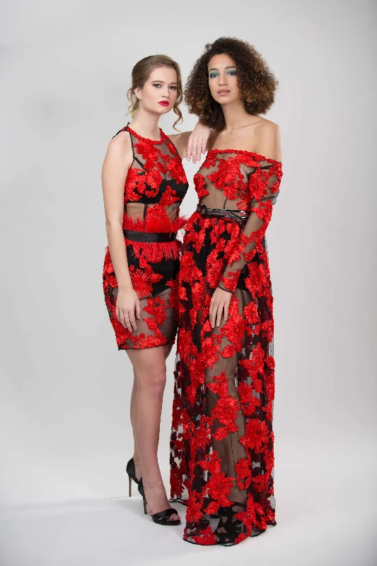 LONG RED BLACK LACE EVENING DRESS