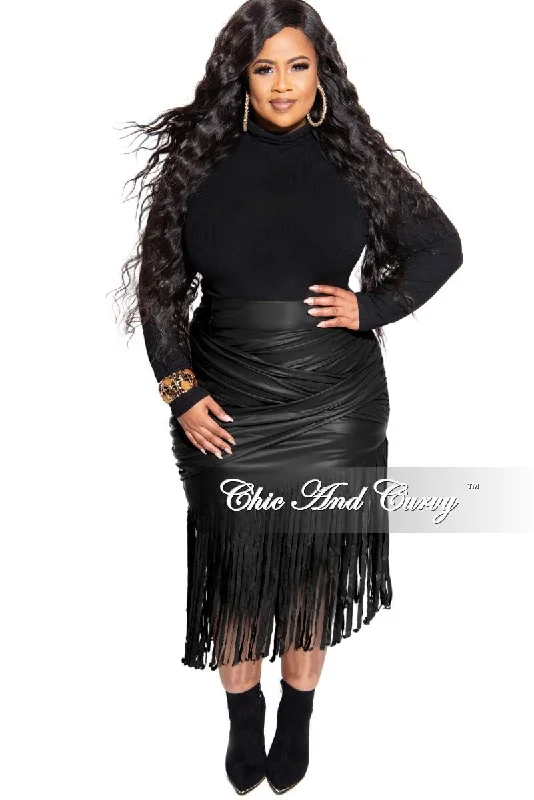 Final Sale Plus Size Faux Leather Fringe Skirt in Black