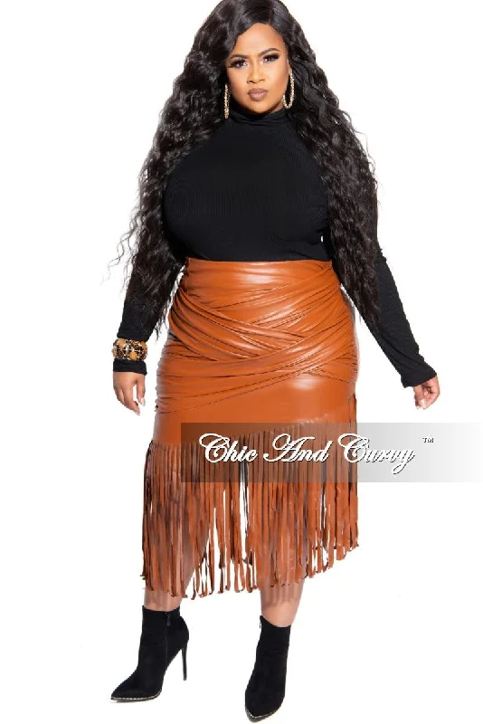 Final Sale Plus Size Faux Leather Fringe Skirt in Cognac