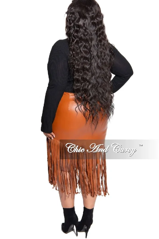 Final Sale Plus Size Faux Leather Fringe Skirt in Cognac