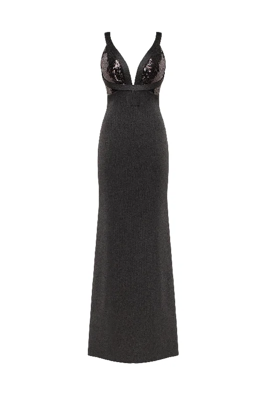 Show-stealer black maxi dress with a V-neckline, Smoky Quartz