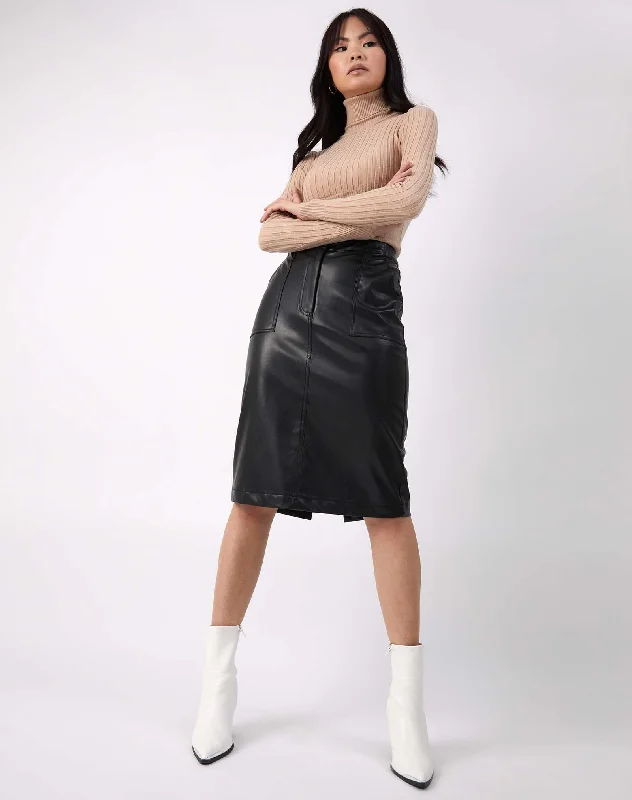 Faux Leather PU Midi Skirt With Pockets in Black | Vita