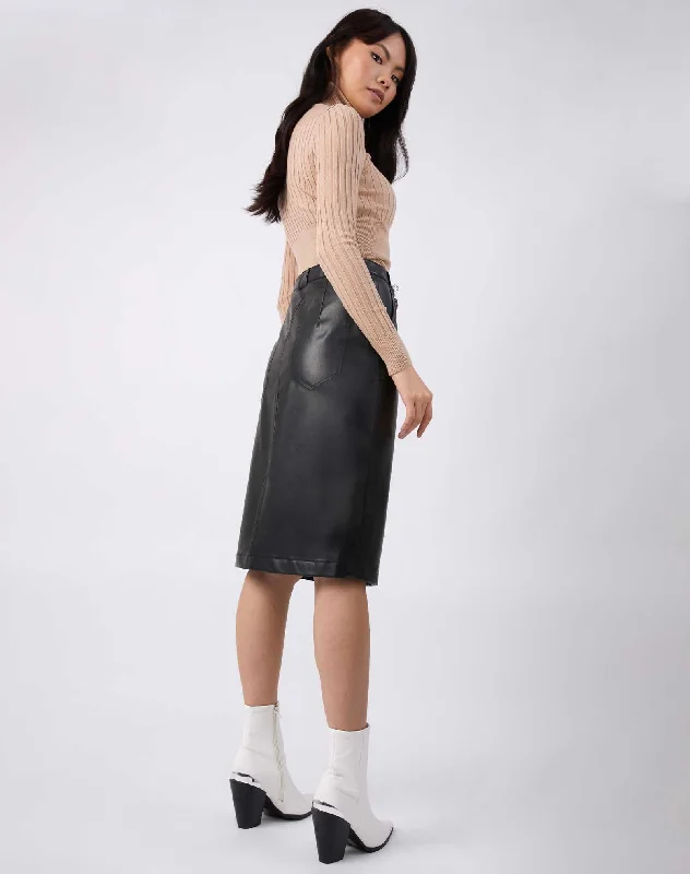 Faux Leather PU Midi Skirt With Pockets in Black | Vita