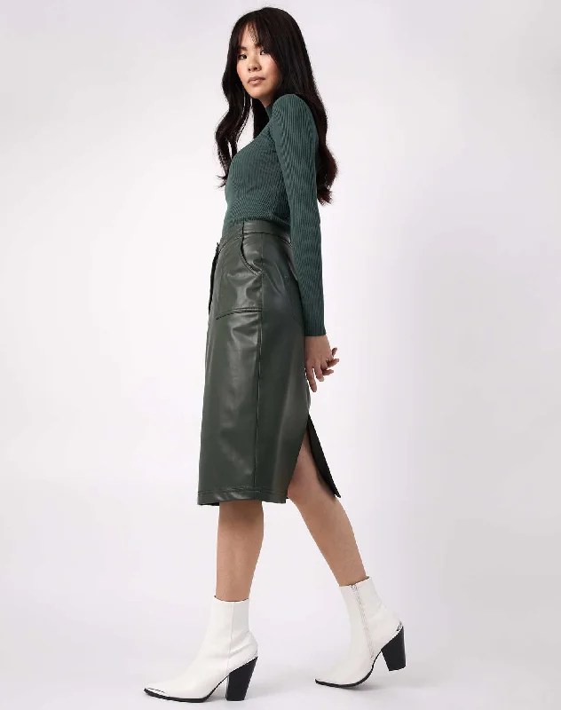 Faux Leather PU Midi Skirt With Pockets in Green | Vita