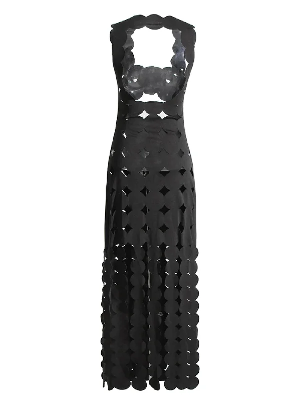 CERA Appliqué Fringe Maxi Dress in Black