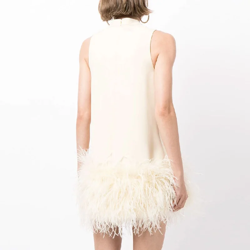 Chic Mock Neck A Line Feather Trim Sleeveless Mini Dress - White