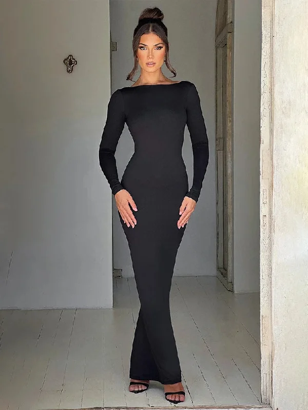 Slim Bodycon Elegant Backless Nightclub Sexy Autumn Winter Maxi Dress