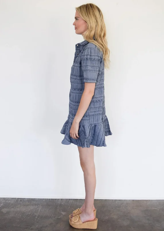 Everything Short Sleeve Dress with Ruffle in Blue Floral Jacquard