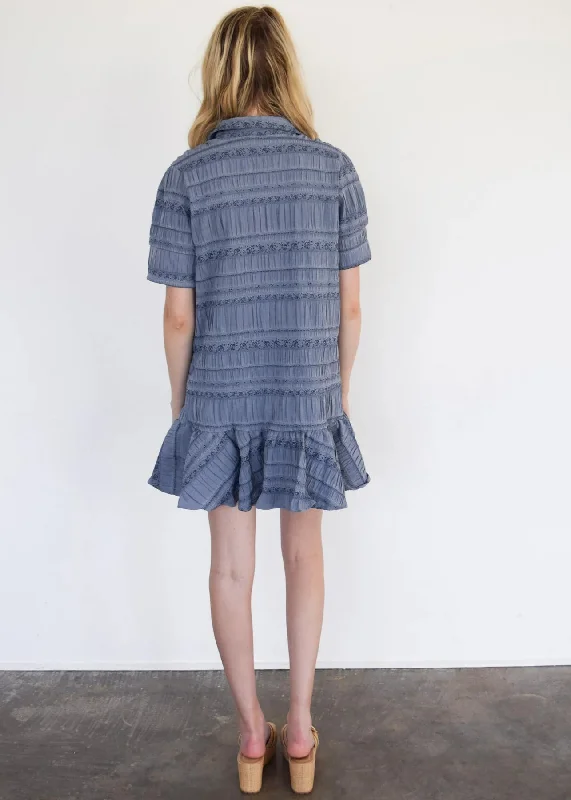 Everything Short Sleeve Dress with Ruffle in Blue Floral Jacquard