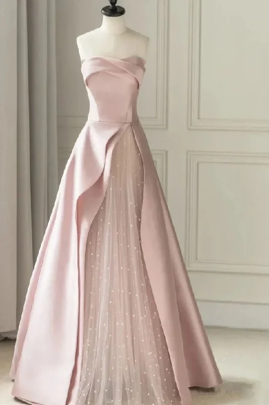 Pink Strapless A-Line Satin Tulle Long Prom Dress Evening Dress MD7215