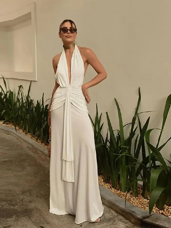 Pleated Deep V  Halter Backless Maxi Dress