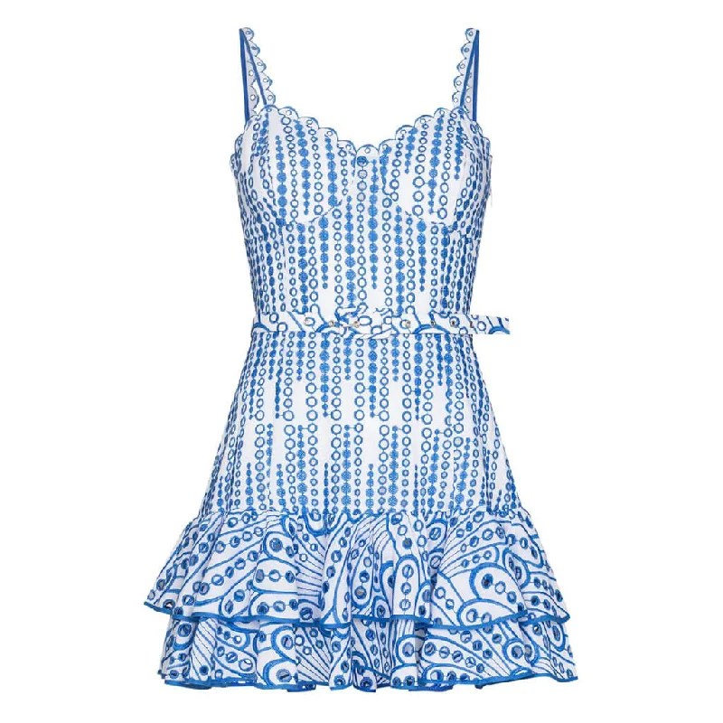 Pretty Scalloped Sweetheart Cami Smocked Belted Tiered Broderie Anglaise Mini Sundress