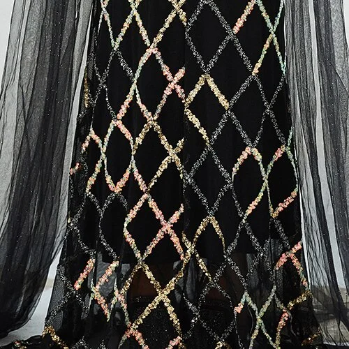 Sequin Mesh Side Drape Sleeved Maxi Dress