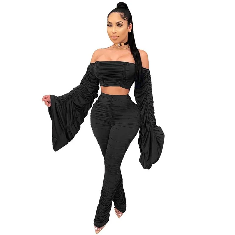 Spring Summer Two Piece Set Women Solid One Shoulder Shirring 2 Piece Sets Pant Suits Club Outfits Streetwear Wholesale Items