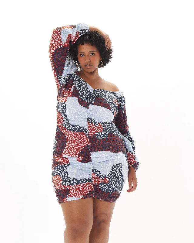 ""Ana"" Ruched Dress in Patchwork Animal