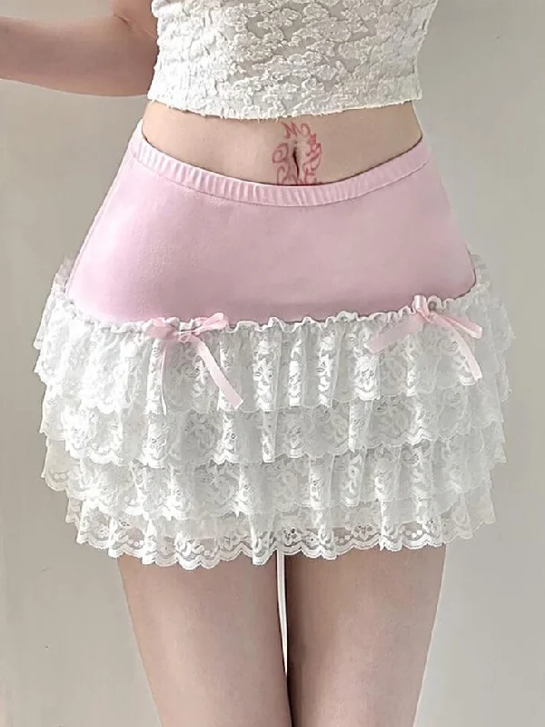 Bow Lace Patchwork Color Clash Skirt