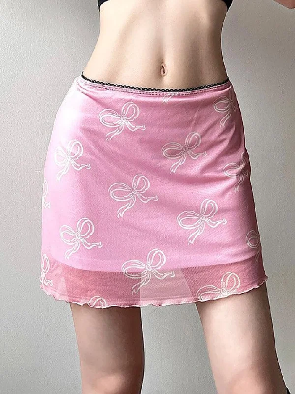 Bow Printed Mesh Low Waisted Skirt