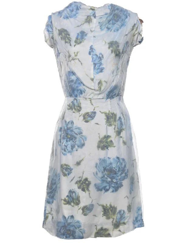 Floral Print Light Blue & White 1950s Dress - L