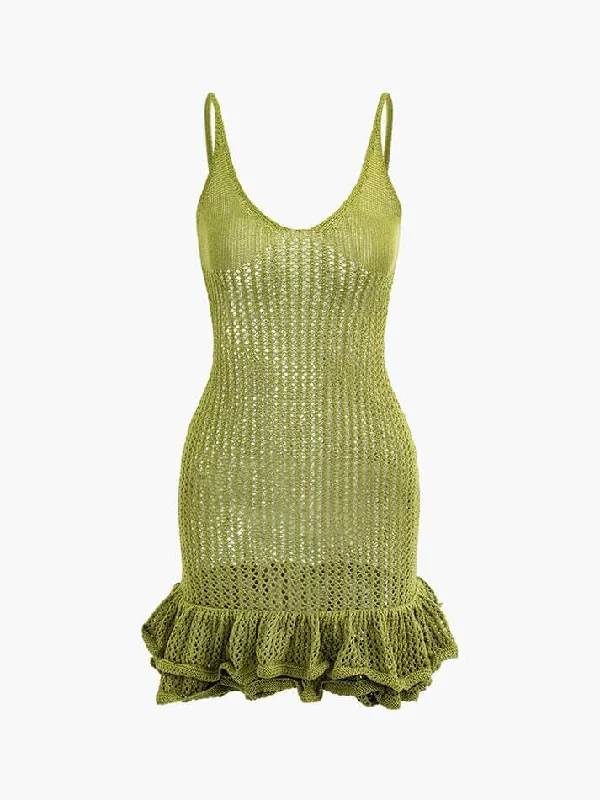 Open Knit Ruffle Hem Cami Mini Dress