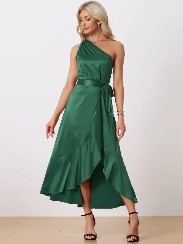 Satin Sleeveless One Shoulder Belted Split Ruffle Evening Cocktail Dress