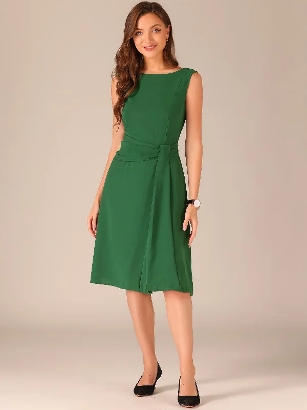 Boat Neck Sleeveless Solid Color A-Line Midi Dress