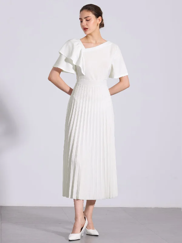 Ruffles Short Sleeve Asymmetrical Neck Pleated Midi Dress